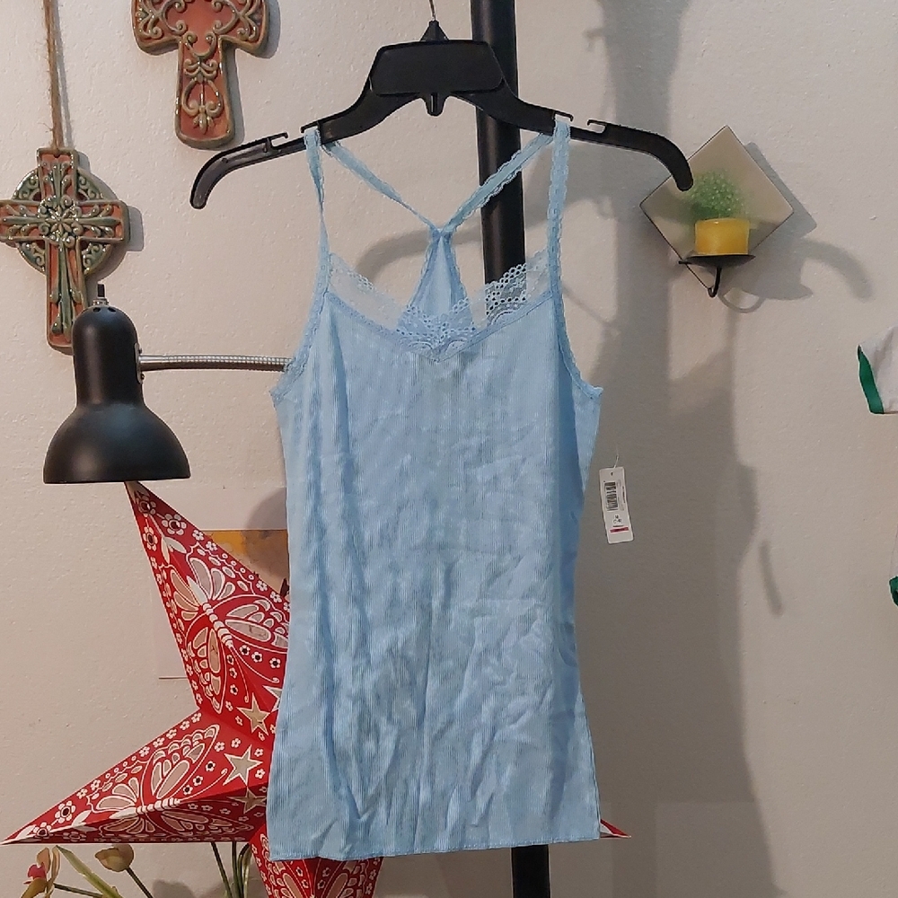 Light Blue Racerback Lace Ribbed Tank Top